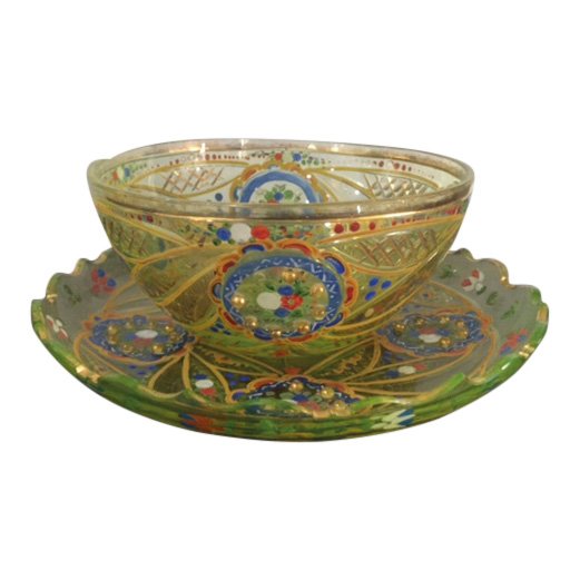 Bohemian Vaseline Cut Glass Bowl and Plate, 1860's (1 of 3)