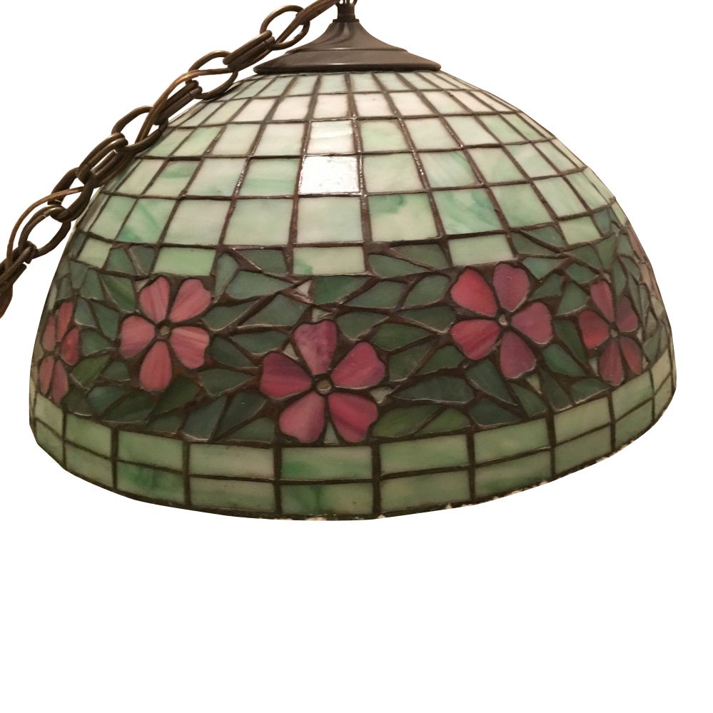 Handel Floral Green & Pink Hanging Lamp, 1904 (1 of 2)