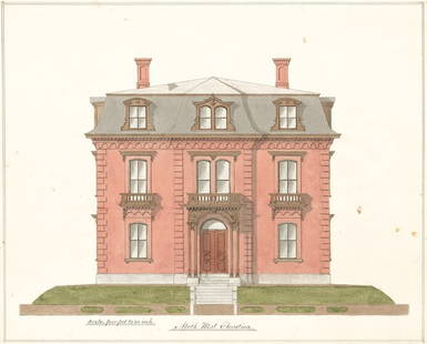 Elevation of House on Broadway, 1860: Title: Elevation of House on Broadway, Chelsea, MA Artist: John Cunningham Date: 1860 Medium: Original graphite and ink drawing with watercolor Size: 17 x 22 inches John Cunningham (1799 - 1873) was a