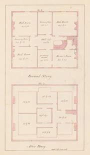 Plans of a House in Chelsea, MA, 1860: Title: Attic and Second Floor Plans of a House in Chelsea, MA Artist: John Cunningham Date: 1860 Medium: Original graphite and ink drawing with watercolor Sheet size: 18.5 x 11.5 inches John Cunningha