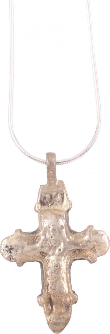 Byzantine Pilgrim's Reliquary Cross, 7th-10th C: Item: Byzantine Pilgrim's Reliquary Cross Date: 7th-10th Century Size: Approx. 1.5 inches high Pendant with trefoil design and low relief Corpus Christi. The back is recessed to allow for the inclusio