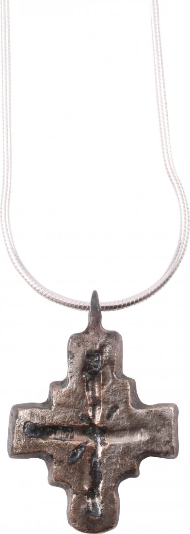 Silver Byzantine Pilgrim's Reliquary Cross, 5th-8th C: Item: Byzantine Pilgrim's Reliquary Cross Date: 5th-8th Century Material: Silver Size: .8 inches Vertical beam with shorter cross beam. The front with broad line incised cross within. Reverse recessed
