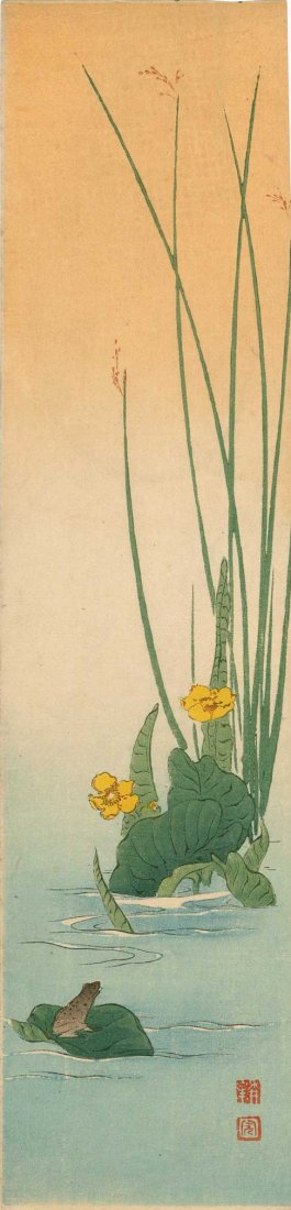Koho Shoda - Frog on a Lily Pad 1930's: Artist: Koho Shoda Subject: Frog on a Lily Pad Series: Japanese Scenes on Tanzaku Date: 1930's Publisher: Nishinomiya Size: 3.5 x 15 inches Medium: Woodblock print Koho Shoda (ca. 1871-1946) was a Jap