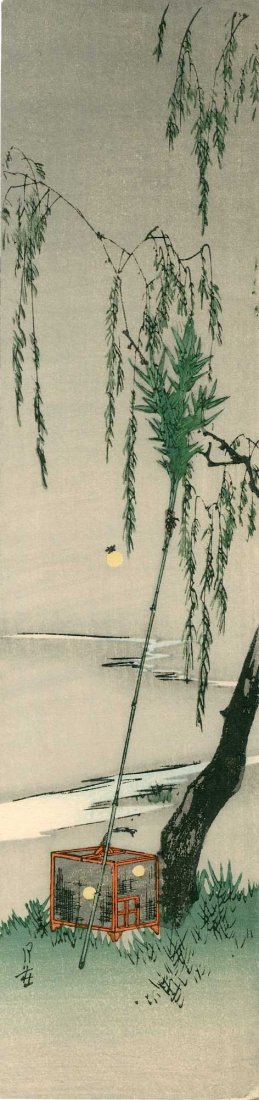 Gesso Yoshimoto - Firefly Cage Near a Willow 1930's: Artist: Gesso Yoshimoto Subject: Firefly Cage Near a Willow Series: Japanese Scenes on Tanzaku Date: 1930's Publisher: Nishinomiya Size: 3.5 x 15 inches Medium: Woodblock print Gesso Yoshimoto (1881-1