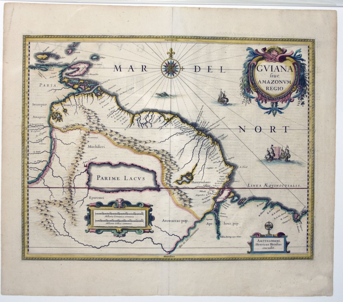 Guiana sive Amazonum Regio, Jansson & Hondius 1636: Title: Guiana sive Amazonum Regio Subject: Venezuela, Brazil, Guyana, Suriname, Amazon Maker: J. Janssonius and H. Hondius Date: 1636, Amsterdam Size: 14.75 x 19.25 inches This map depicts the vital a