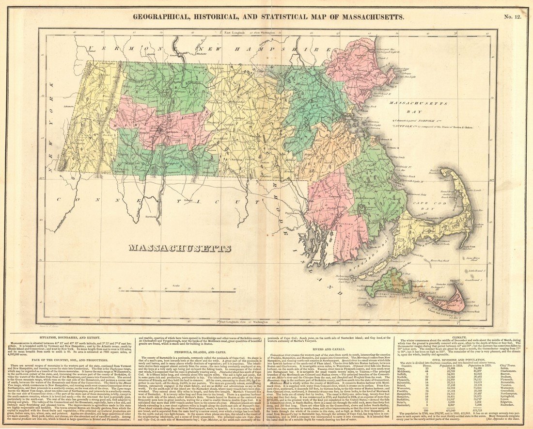 Map of Massachusetts, Carey & Lea 1827: Title: Geographical, Historical and Statistical Map of Massachusetts Subject: Massachusetts Maker: Carey & Lea Date: 1827, Carey & Lea: Philadelphia Size: 11.8 x 18.3 inches Map detailing counties, to