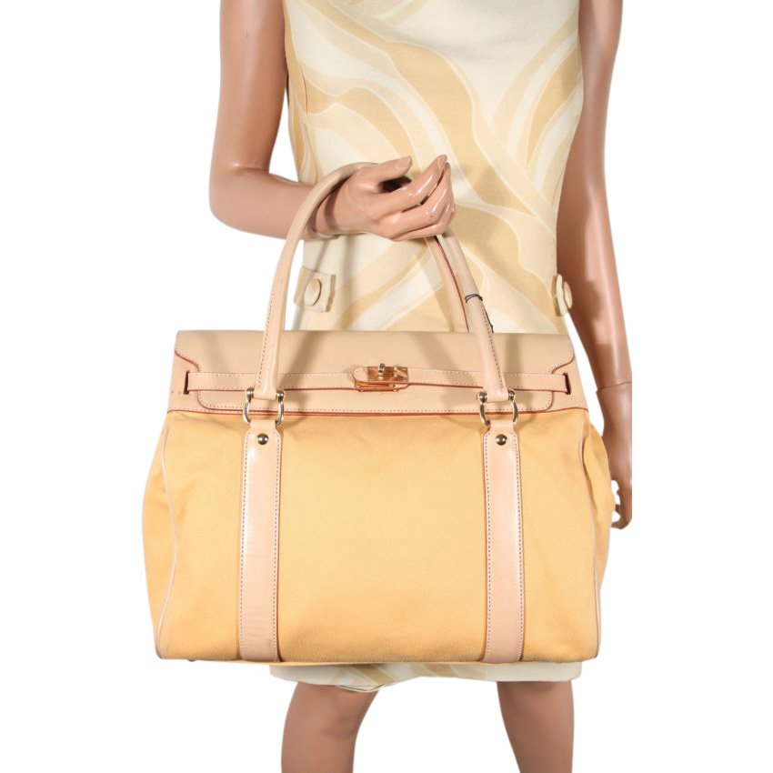 Yellow Beige Leather Canvas Tote (1 of 5)
