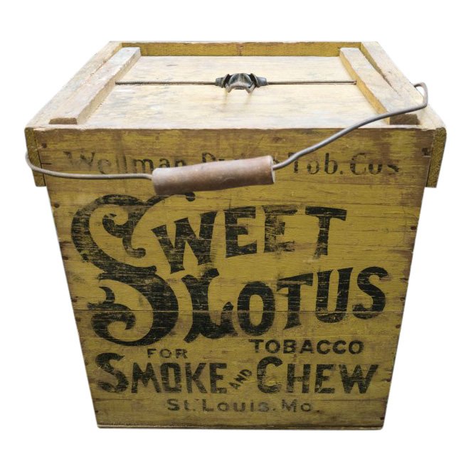 19th C Sweet Lotus Tobacco Crate with Top: Item: Sweet Lotus tobacco crate with top Maker: Wellman-Dwire Tobacco Company's Sweet Lotus Tobacco for Smoke and Chew Origin: St. Louis, MO Includes wire-tension closing handle Date: Late 1800's Dime