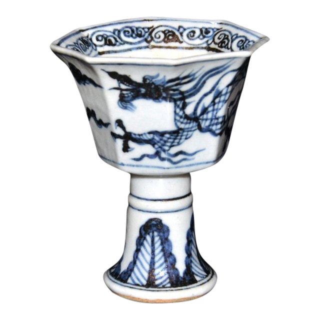 Yuan Dynasty Blue & White Octagon Dragon Stem Cup (1 of 6)
