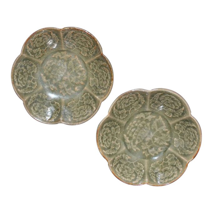 Pair of Celadon Glazed Floral Incised Lobed Dishes (1 of 5)