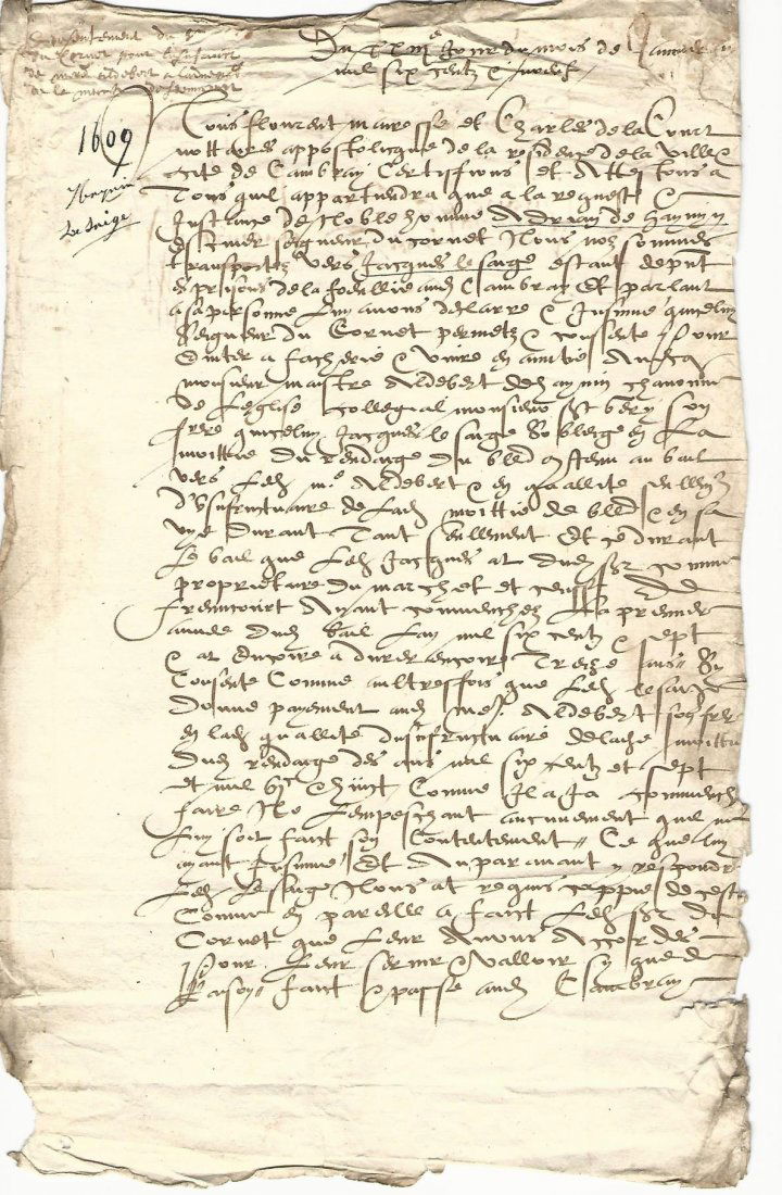 Leaf of French Legal Document from Henry IV 1609 (1 of 2)