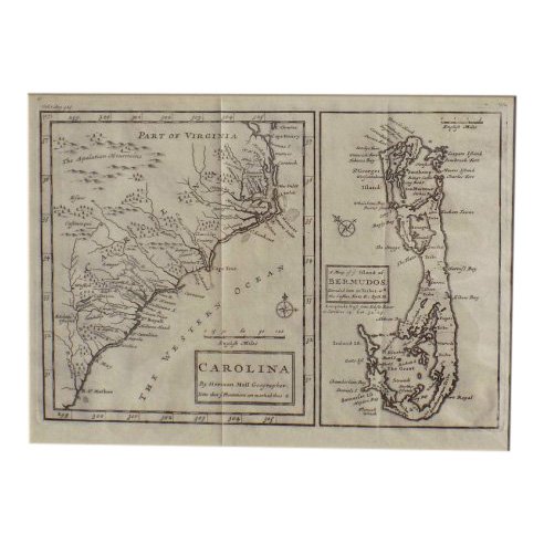 Carolina & Bermuda 1716: Map Title: Carolina & The Island Bermudos Maker: Herman Moll Date: 1716 Origin: Atlas Geographicus Size: 13 x 16 inches Medium: Copperplate engraving Herman Moll (1654-1732) was a London cartographer,