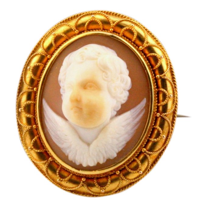 Victorian 14K Gold Etruscan Cherub Shell Cameo Pin (1 of 3)