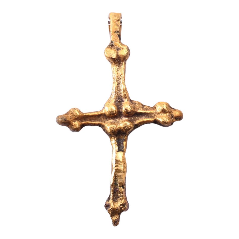 Fine Late Gothic European Cross 13-15th C: Item: Fine Late Gothic European Cross Date: 1200-1400 A.D. Material: Gold overlay Size: 1 1/4 inches Slender sinuous form reflecting the elements of Gothic architecture. The beams with trefoil termina