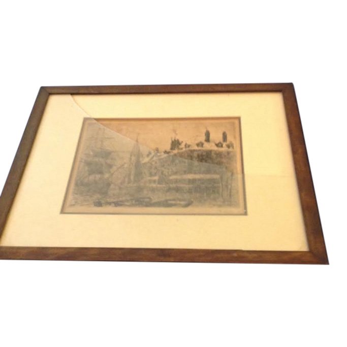 Frederick Leo Hunter: Dock Print 1881: Print Subject: Dock Artist: Frederick Leo Hunter Date: 1881 Medium: Etching Signed: In pencil Frame Size: 17.5 x 21.5 inches Image Size: 12.5 x10 inches Frederick Leo Hunter (1858-1943) was an America