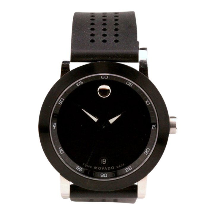 Movado Stainless Steel Museum Sport Watch: Item: Movado Museum Sport Watch Material: Stainless steel case, rubber bracelet Case Size: 42mm x 50mm (including lugs) Size: 9 inches long Box and papers included Quartz movement Description: Date fe