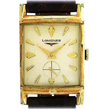 Longines Gold Filled Tank Watch: Item: Longines Tank Gold-Filled Watch Date: ca. 1940's Material: Yellow gold, curved crystal Case Size: 24mm x 37mm Movement: 17J manual wind Description: The rectangular case has a snapback, extended