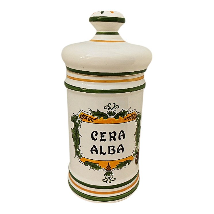 Clamecy Cera Alba Faience Apothecary Jar: Item: Clamecy Cera Alba Faience Apothecary Jar Weight: 1lb 11oz. Dimensions: 10 inches tall x 4 inches diameter at rim Condition: No chips or cracks. No Reserve: This lot starts at $1 and has no reser