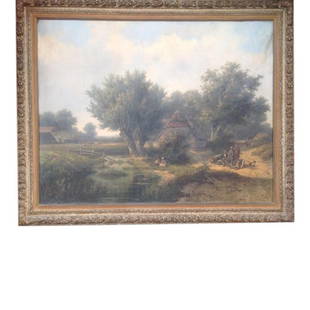 H.P Koekkoek: Landscape 20th C: Subject: Landscape Artist: H.P Koekkoek Date: 19th Century Medium: Oil on canvas Frame Size: 42 x 35 inches Image Size: 40 x 33 inches Frame Type: Solid French style wood on gilt Hendrik Pieter Koekko