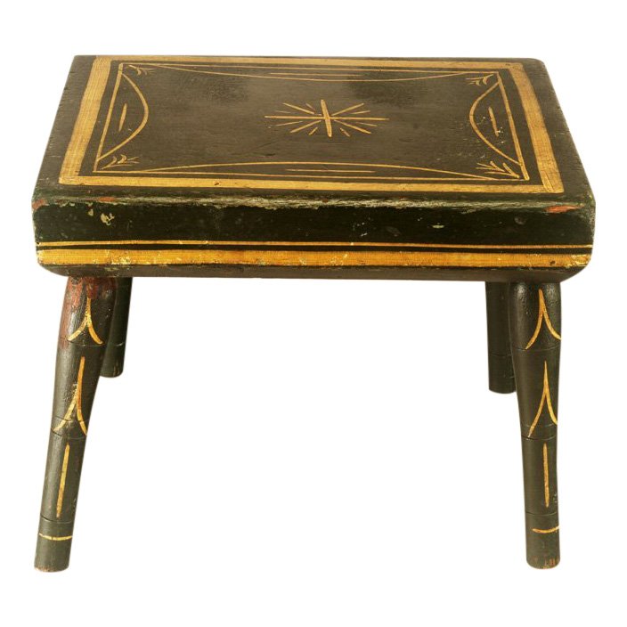 Mid 19th C Green Yellow Decorated Foot Stool (1 of 4)