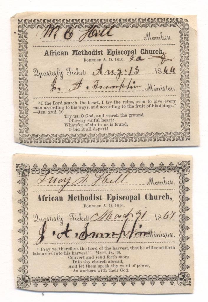 Two African Methodist Church Member Cards, 1867: Item: Lot of 2 Antique African American Methodist Episcopal Church Member Cards Origin: Philadelphia Date: ca. 1866 - 1867 Size: 3.5 x 2.5 inches Description: The African Methodist Episcopal Church wa