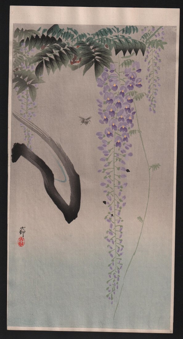 Ohara Koson: Wisteria and Bee, 1910's: Artist: Ohara Koson Title: Wisteria and Bee Date: 1910's Size: 7.5 x 14.5 inches Medium: Japanese woodblock print Finely printed with gofun (ground oyster shell) applied to print to simulate water spr