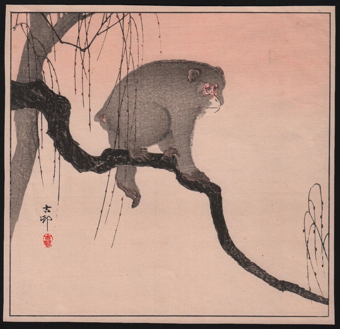 Ohara Koson: Monkey on Branch, 1910's: Artist: Ohara Koson Title: Monkey on Branch Date: 1910's Size: 9.75 x 10 inches Medium: Japanese woodblock print Marked "Made in Japan" on verso Ohara Koson (1877-1945) was a Japanese painter and prin