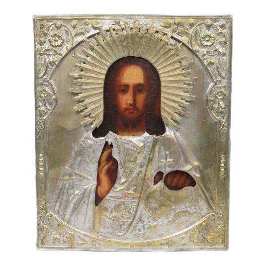 19th C Russian Icon Christ Emmanuel, Brass Oklad (1 of 3)