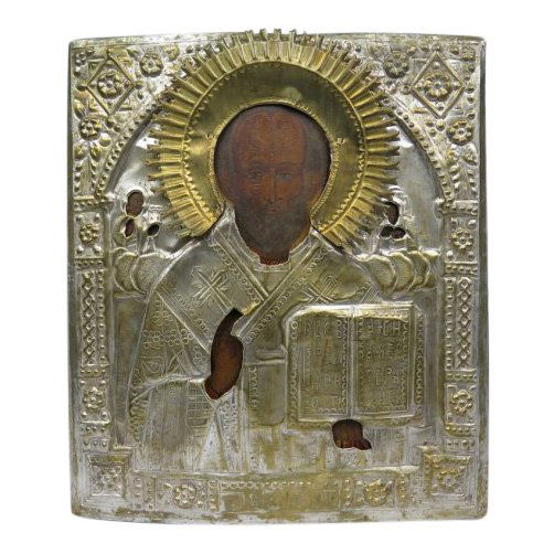 19th C Russian Icon St Nicholas of Myra, Brass Oklad (1 of 3)