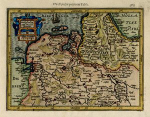 Gerard Mercator: Westphalia 1608: Map: Westphalia cum Diocesi Bremensi Maker: Gerard Mercator Publishing: Jodocus Hondius and Jan Jansson: Arnheim Date: 1608 Size: 5.5 x 6.8 inches Medium: Hand colored copper engraving From the Atlas