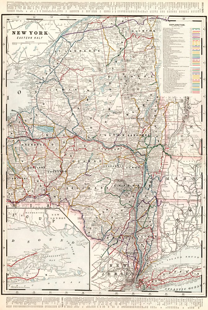 H. B. Walker: New York, Eastern Half 1891: Map: New York, Eastern Half Maker: H.B. Walker From Walker's International Atlas Origin: Chicago Date: 1891 Medium: Lithograph printed in color Sheet Size: 25.25 x 17.5 inches No Reserve: This lot sta
