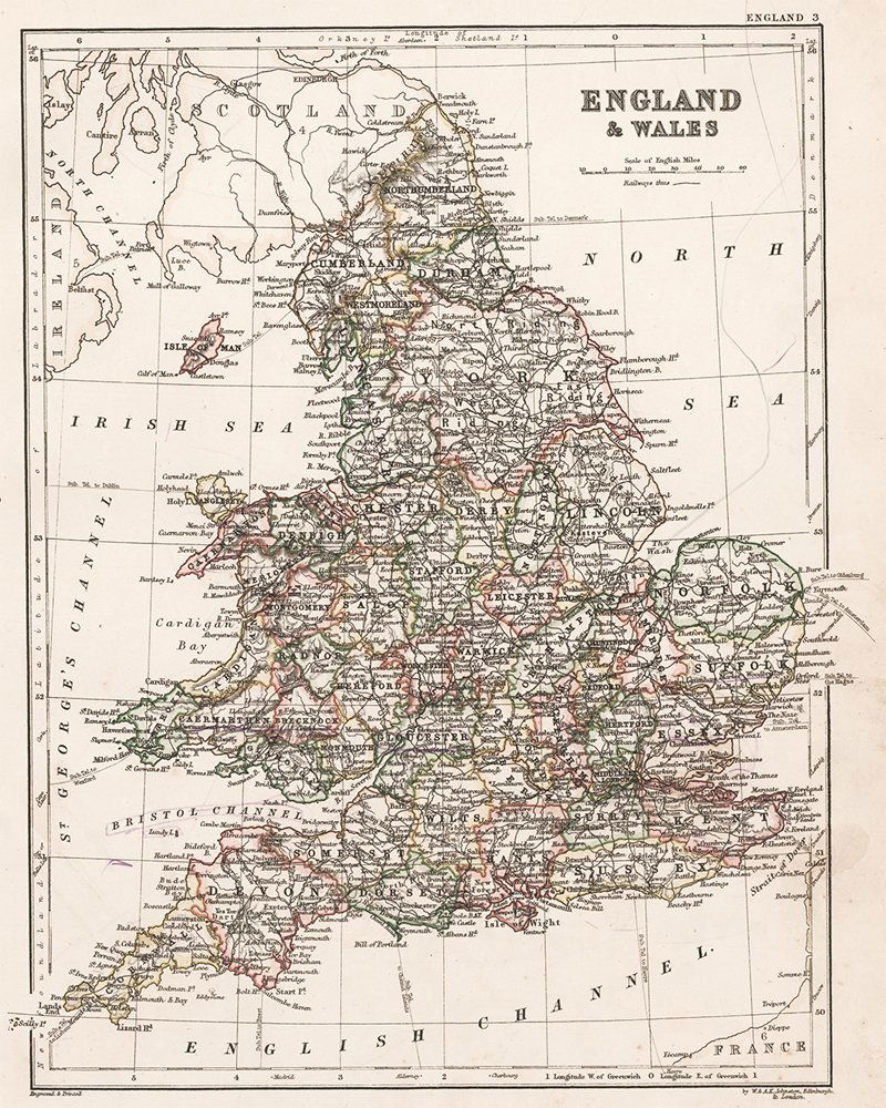 Alexander Keith Johnston: England & Wales 1878: Map: England and Wales Maker: Alexander Keith Johnston Publishing: W. & A.K. Johnston: Edinburgh Date: 1878 Size: 12.25 x 9.75 inches Medium: Engraving From The Cabinet Atlas of the World Alexander Ke