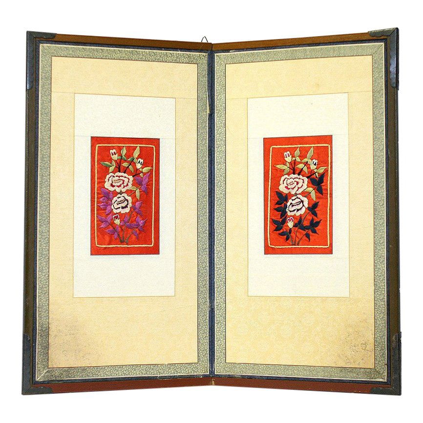 Antique Korean Embroidered Peony Flower Screen (1 of 6)