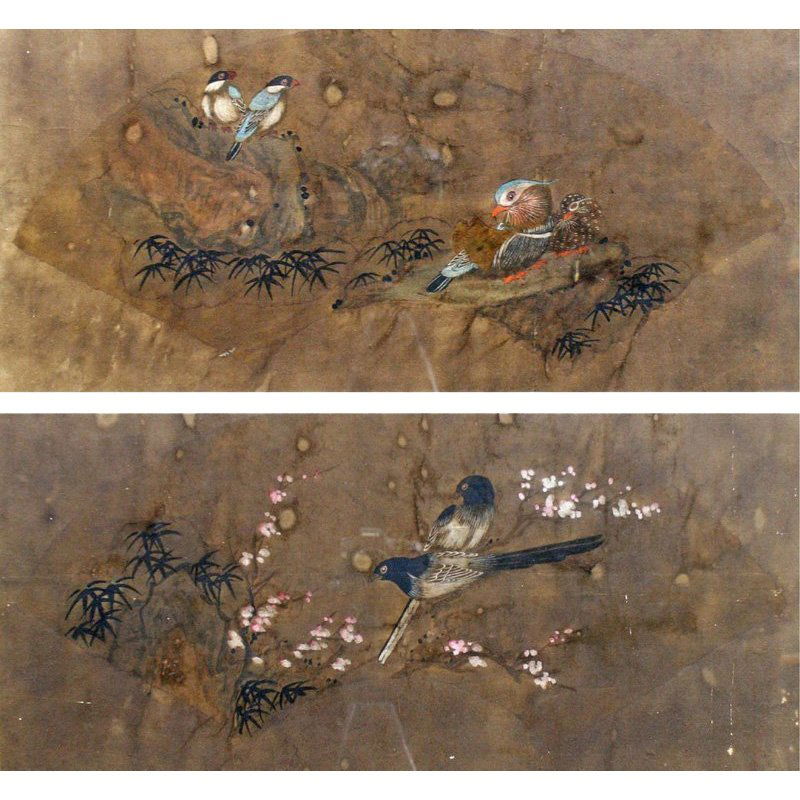 Pair of 19th C Bird & Flower Fan Paintings (1 of 6)