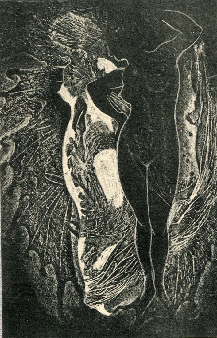 Max Ernst: Death Is Something Like Cousin Cynthia: Print Title: Death Is Something Like Cousin Cynthia Artist: Max Ernst Medium: Photogram from a frottage in black and white Date: 1931 Image Size: 4.5 X 7 inches Backing Size: 9 x 12 inches Description