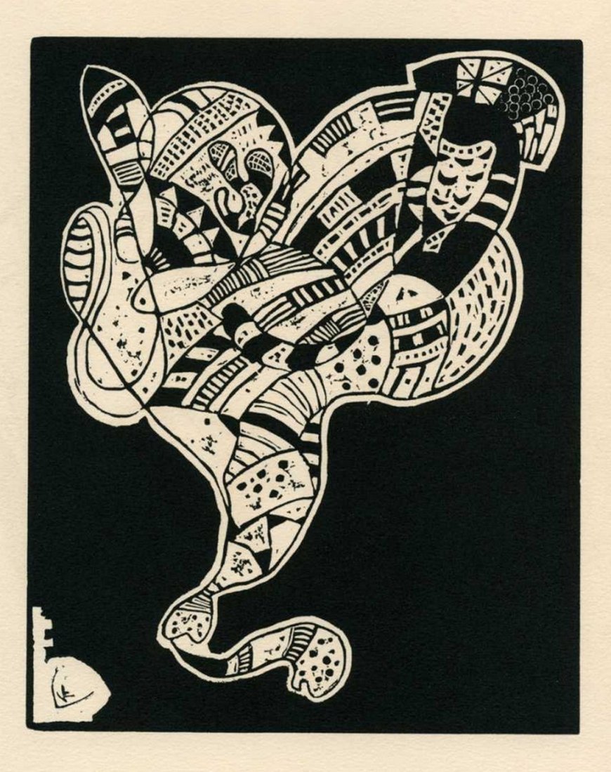 Kandinsky: 10 Origin - Woodcut: Print Title: 10 Origin Artist: Wassily Kandinsky Medium: Original woodcut on Arches paper (posthumous printing) Printer: XXe Siecle Mat Size: 11 x 14 inches Image Size: 8.25 x 6.5 inches Description: 