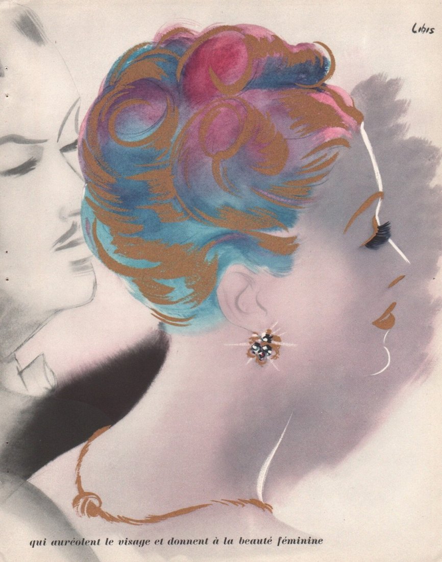 H Libiszewski: Advert for Imedia (Oreal): Print Title: Advert for Imedia (Oreal) Artist: H Libiszewski Medium: Plate in 6 colors and gold Printer: Jacques Makowsky Date: 1939 Image Size: 9 x 12 inches Paper Size: 9 x 12 inches Not signed or n