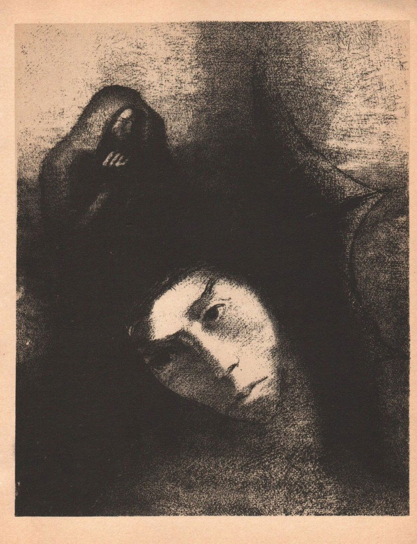 Odilon Redon: Redemption of St Antoine: Print Title: Redemption of St Antoine Artist: Odilon Redon Medium: Wood engraving on fine cream wove paper Image Size: 5.5 x 7.75 inches Page Size: 9 x 11 inches Description: Initialed in the plate. T