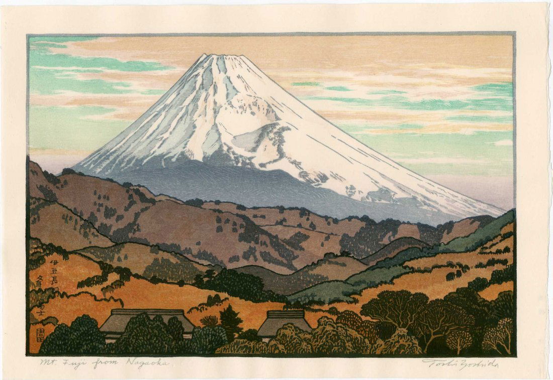 Toshi Yoshida: Mt. Fuji From Nagaoka, 1962: Artist: Toshi Yoshida Title: Mt. Fuji From Nagaoka Date: 1962 Medium: Japanese woodblock print Size: 14.25 x 9.75 inches Later embossed signature edition, Yoshida Studio Toshi Yoshida (1911-1995) was