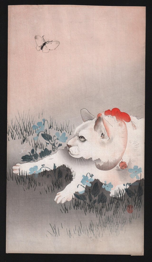 Ohara Koson: Cat and Butterfly: Artist: Ohara Koson Subject: Cat and Butterfly Date: ca. 1910's Size: 7.25 x 13 inches Medium: Japanese woodblock print Ohara Koson (1877-1945) was a Japanese painter and printmaker of the late 19th 