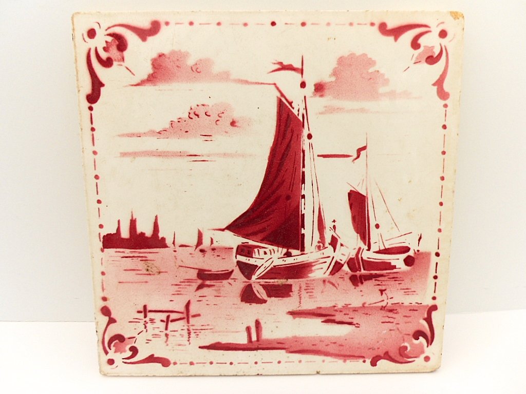 French Antique Red Sailboat Ceramic Tile (1 of 5)