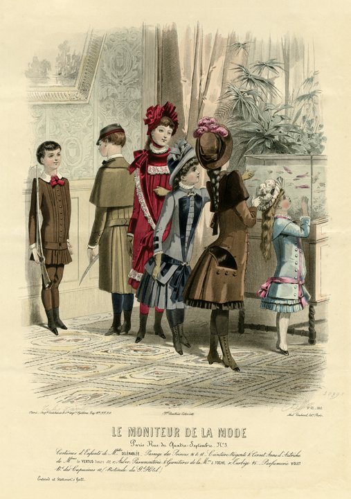 Le Moniteur de la Mode. No. 43, 1883: Print Title: Le Moniteur de la Mode. No. 43 Artist: Jules David Date: 1883 Medium: Hand colored engraving Size: 10 1/2 x 8 3/8 inches (268 x 214 mm) From: "Le Moniteur de la Mode" Publisher: Abel Goub