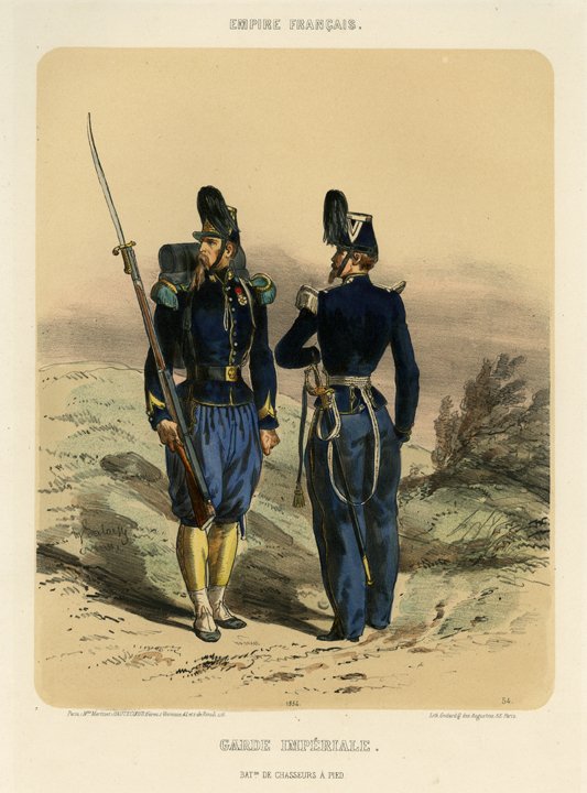 W. Galaisse: Empire Francais, Garde Imperial, 1858: Print Title: Empire Francais, Garde Imperial. Baton. de Chaseurs a Pied. 1854. No. 54 Artist: W. Galaisse Medium: Toned lithograph with original hand color Date: ca. 1858 Size: 9.25 x 7.25 inches (235