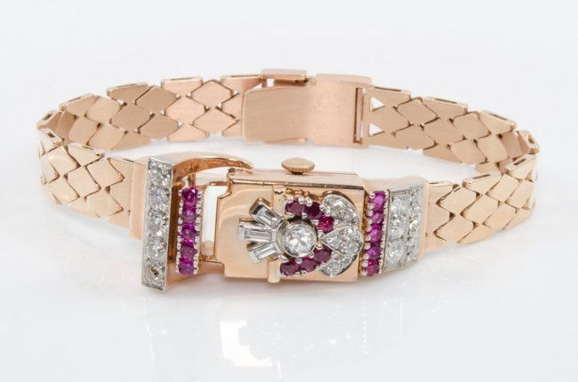 Deco 14K Rose Gold Diamond & Ruby Watch (1 of 3)