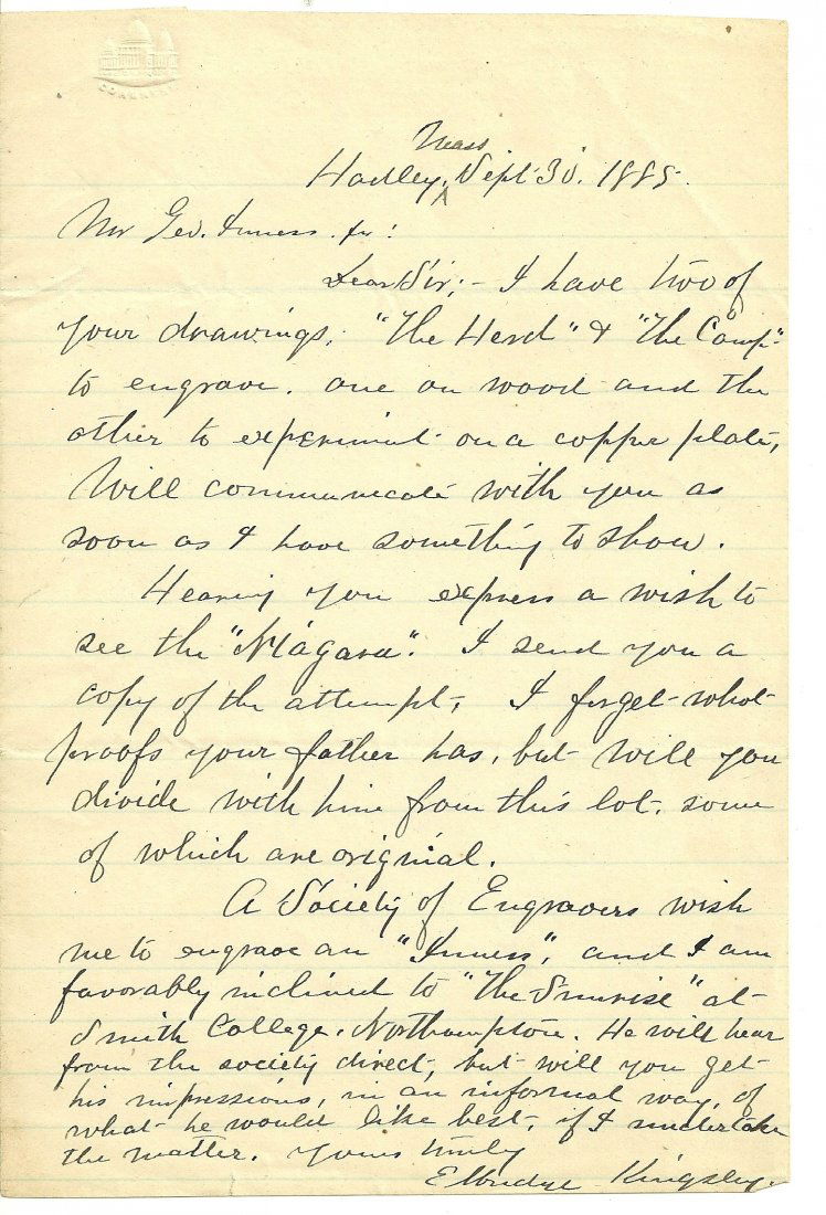 Elbridge Kingsley Signed Letter, 1885: A signed letter from 1885 hand written by Elbridge Kingsley, an American printmakers specializing in wood engravings Dimensions: 5 inches x 7.5 inches No Reserve: This lot starts at $1 and has no rese