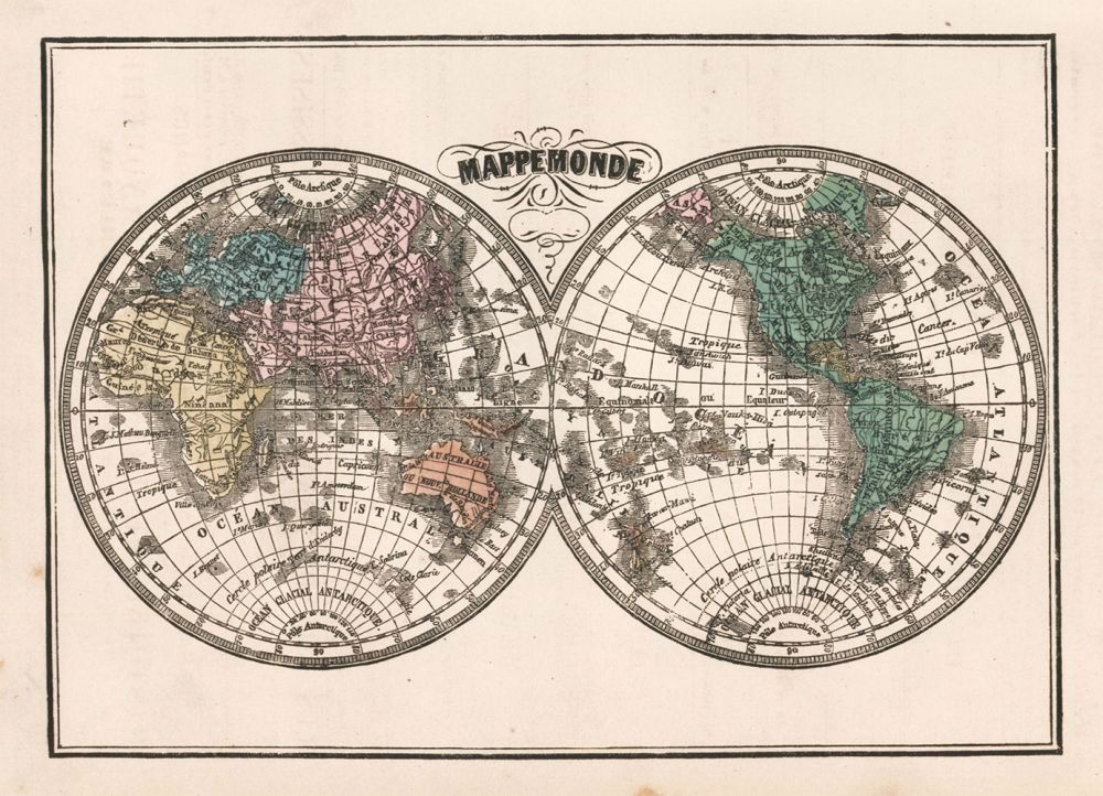 World Map in Hemispheres 19th C (1 of 1)
