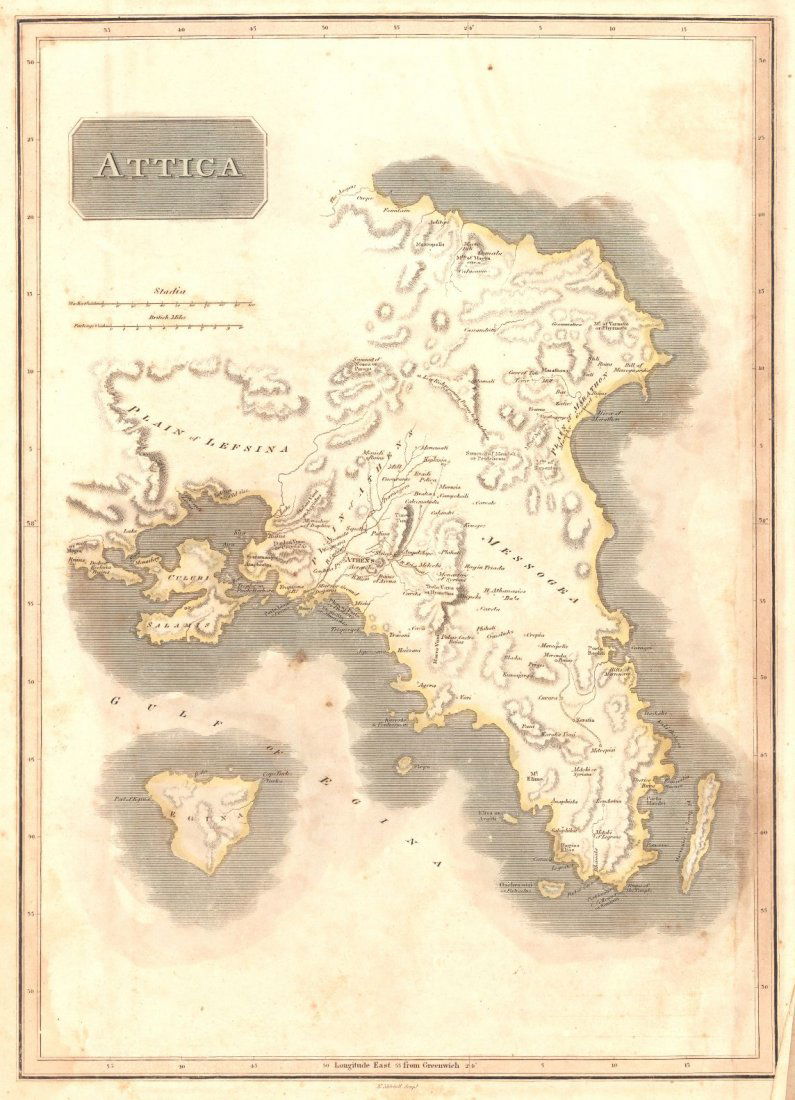 John Thomson: Attica, 1817: Map: Attica Maker: John Thomson Publisher: Junr. & Co., Thomson, John & Co. Date: 1817Size: Folio, 18.25 inches high x 13.30 inches wide No.27 from Thomson's New General Atlas 1817. E. Mitchell sculpt