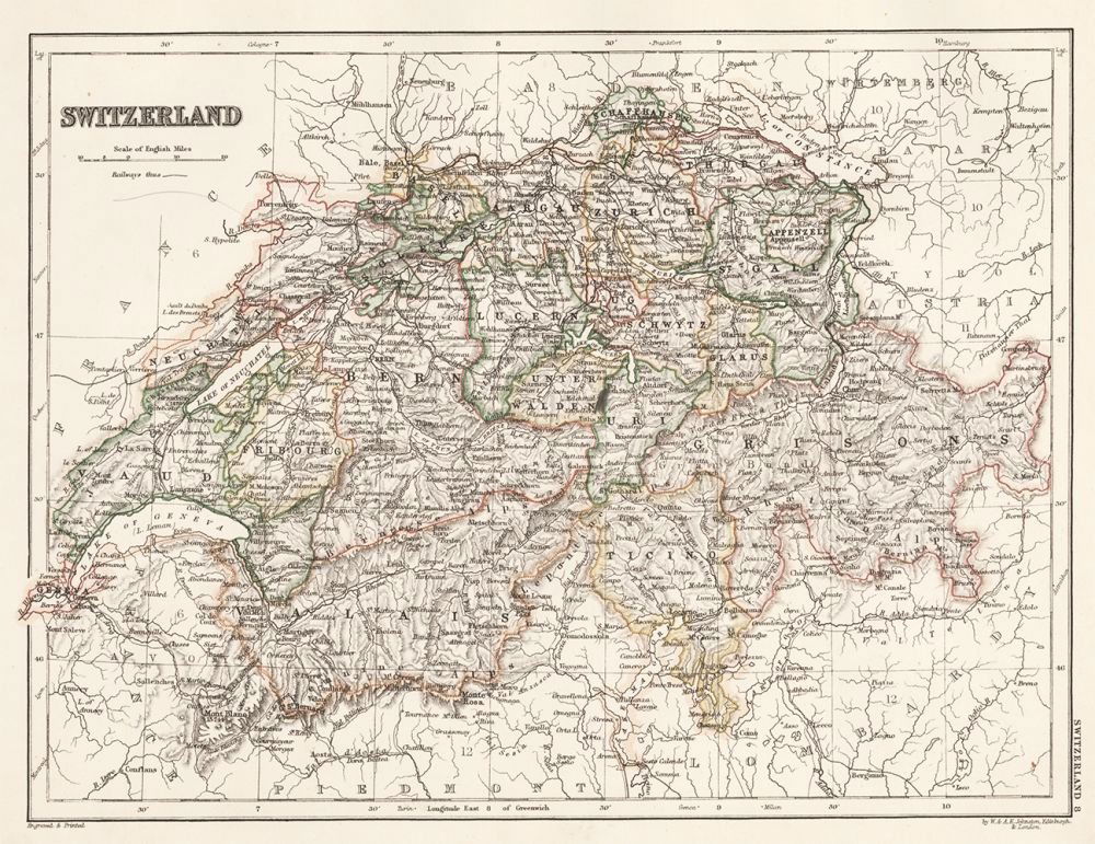 Alexander Keith Johnston: Switzerland 1878: Map: Switzerland Maker: Alexander Keith Johnston Publishing: W. & A.K. Johnston: Edinburgh Date: 1878 Size: 9.75 x 12.25 inches Medium: Engraving From The Cabinet Atlas of the World Alexander Keith Jo