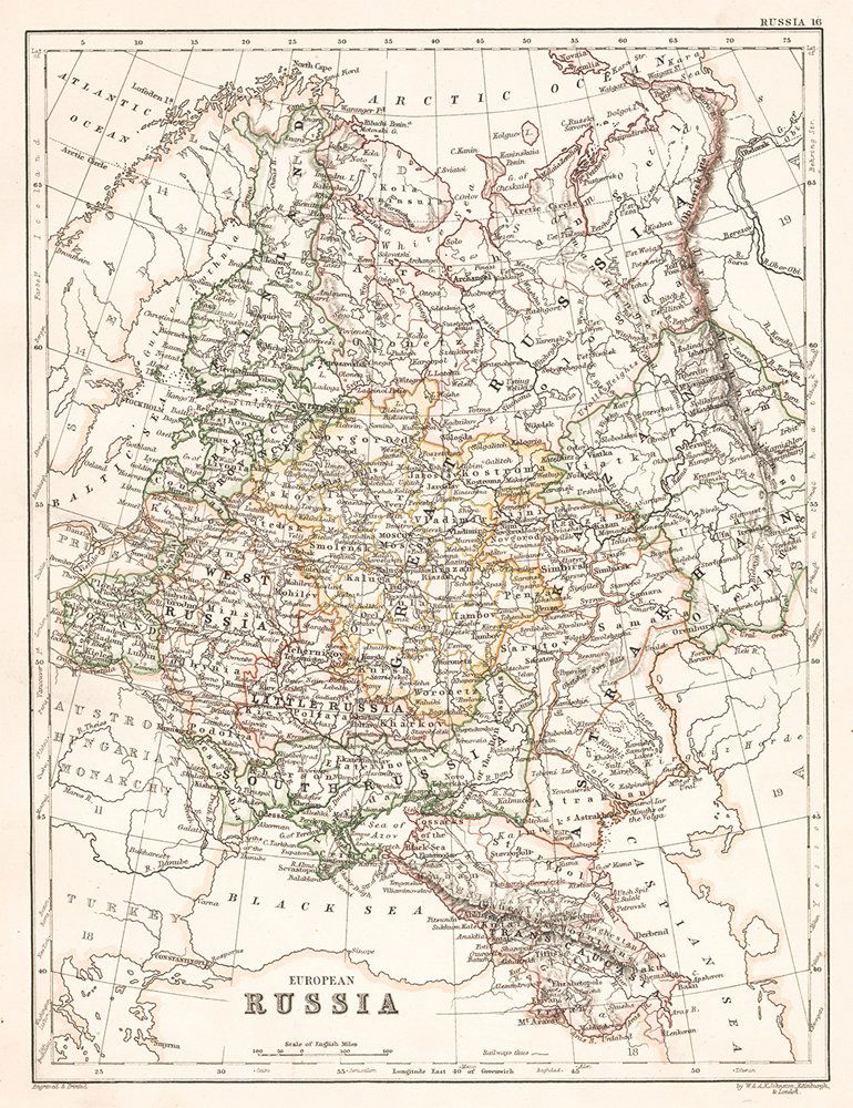 Alexander Keith Johnston: European Russia 1878: Map: European Russia Maker: Alexander Keith Johnston Publishing: W. & A.K. Johnston: Edinburgh Date: 1878 Size: 12.25 x 9.75 inches Medium: Engraving From The Cabinet Atlas of the World Alexander Keit