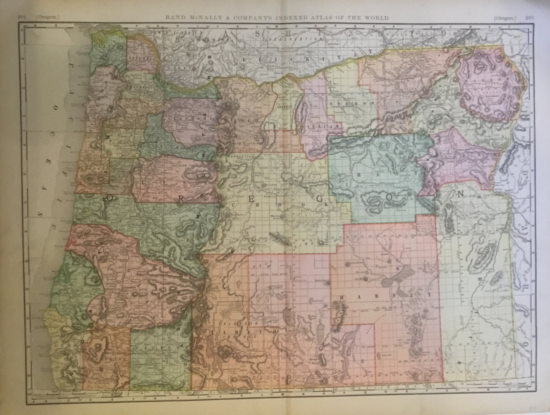 Rand, McNally & Co: Oregon, 1898: Map: Oregon Size: 28.25 x 21.25 inches Maker: Rand, McNally & Co Date: 1898 From New Standard Atlas of the World No Reserve: This lot starts at $1 and has no reserve as a courtesy so that collectors c